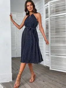 StyleCast Navy Blue Polka Dot Printed A-Line Dress