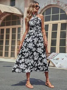 StyleCast Black & White Floral Printed Halter Neck Fit & Flare Dress