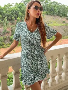 StyleCast Green Floral Printed Bell Sleeves Wrap Dress
