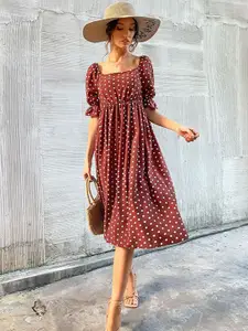 StyleCast Coffee Brown Polka Dots Printed Square Neck Puff Sleeves A-Line Dress