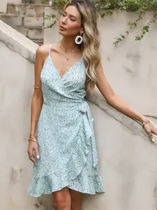 StyleCast Blue Floral Printed Ruffles Detailed Wrap Dress