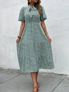 StyleCast Green Abstract Printed Tie-Up Neck Flared Sleeves Tiered Fit & Flared Midi Dress