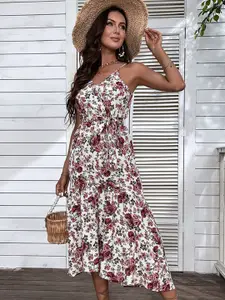 StyleCast White Floral Printed Shoulder Straps Tie-Ups Detail Fit and Flare Midi Dress