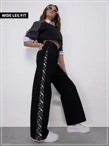 The Souled Store Women Black Wide Leg Printed Detail Clean Look Stretchable Jeans