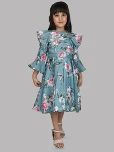 Peppermint Floral Printed Bell Sleeves Fit and Flare Dress