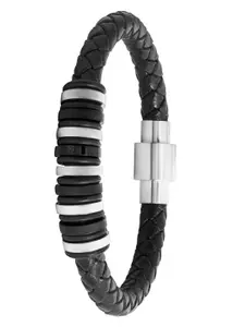 bodha Men Braided Design Stainless Steel Leather Wraparound Bracelet
