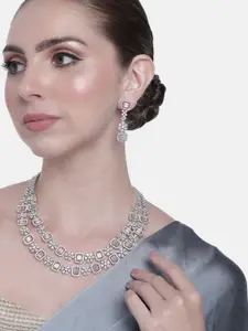 Estele Women Rhodium-Plated CZ Studded Layered Necklace with Earrings