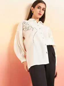 Sangria Cream-Coloured Floral Embroidered Shirt Style Longline Top