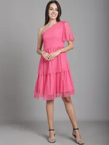 MARC LOUIS One Shoulder Flutter Sleeve Layered Net Fit & Flare Dress