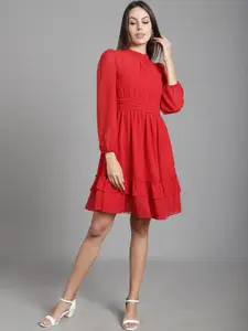 MARC LOUIS High Neck Puffed Sleeve Fit & Flare Dress