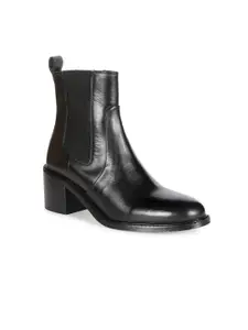 Saint G Women Textured Block-Heeled Genuine Leather Mid-Top Chelsea Boots