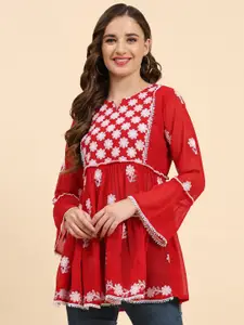 Growish Floral Embroidered Bell Sleeves Kurti