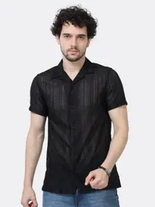 BADMAASH Slim Fit Self Design Short Sleeves Semi Sheer Casual Pure Cotton Shirt