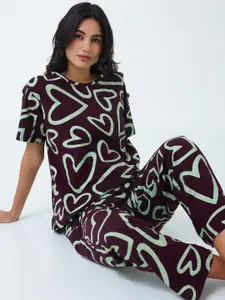 I like me Green Brown Heart Printed Pure Cotton Night suit
