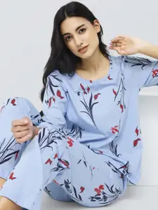I like me Blue Floral Printed Pure Cotton Night Suit