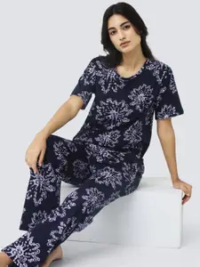 I like me Navy Blue Floral Printed Pure Cotton Night Suit
