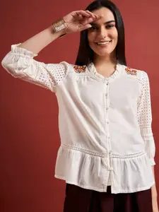 all about you Floral Embroidered Pure Cotton Puff Sleeve Shirt Style Top