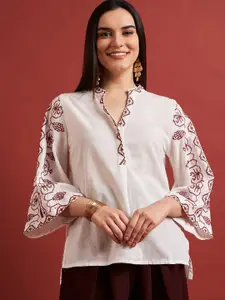 all about you Ethnic Motifs Embroidered Pure Cotton Mandarin Collar Flared Sleeves Top