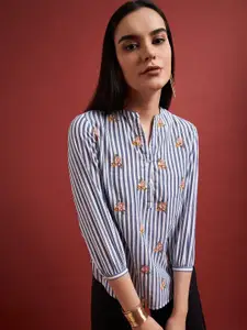 all about you Striped Pure Cotton Mandarin Collar Shirt Style Top With Embroidered Detail