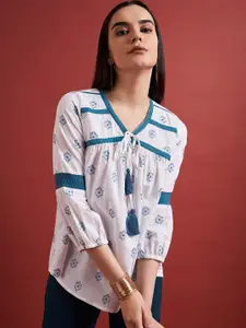 all about you Ethnic Motifs Printed Pure Cotton Tie-Up Neck Puff Sleeves Top