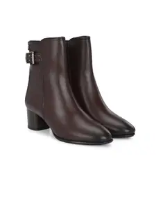 Delize Women Textured Block-Heeled Buckle Detail Vegan Leather Mid-Top Regular Boots