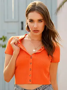 StyleCast Orange Ribbed Shirt Style Crop Top