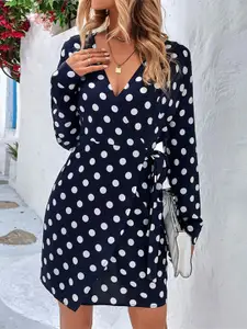 StyleCast Navy Blue Polka Dots Printed Wrap Dress