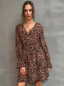 StyleCast Khaki & Black Animal Skin Printed Puff Sleeves A-Line Dress