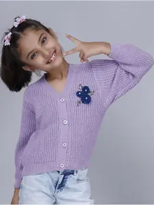 JoE Hazel Girls Cable Knit Self Design V-Neck Cardigan Sweater