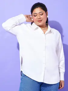 SASSAFRAS Curve White Plus Size Comfort Spread Collar Satin Casual Shirt