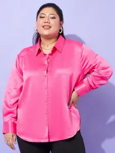 SASSAFRAS Curve Pink Plus Size Comfort Spread Collar Satin Casual Shirt