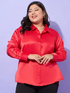 SASSAFRAS Curve Red Plus Size Comfort Spread Collar Satin Casual Shirt