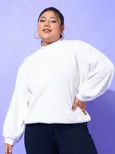 SASSAFRAS Curve Plus Size Fur Embellished Detail High Neck Fleece Pullover Sweatshirt