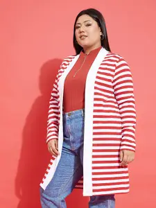 SASSAFRAS Curve Red Plus Size Striped Longline Pure Cotton Front Open Shrug