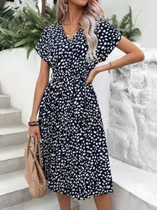 StyleCast Navy Blue Abstract Printed Extended Sleeves Fit and Flare Midi Dress