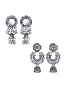 MEENAZ Set Of 2 Silver-Plated Stainless Steel Peacock Shaped Jhumkas