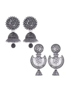 MEENAZ Set Of 2 Silver Plated Stone Studded Oxidised Dome Shaped Stainless Steel Jhumkas