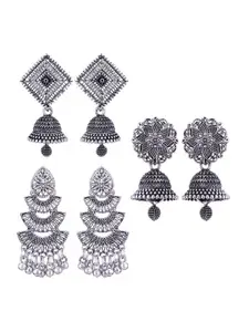 MEENAZ Set Of 3 Silver Plated Dome Shaped Oxidised Stainless Steel Jhumkas