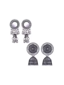 MEENAZ Set Of 2 Silver Plated Stainless Steel Dome Shaped Oxidised Jhumkas