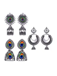 MEENAZ Set Of 3 Silver Plated Dome Shaped Stainless Steel Oxidised Jhumkas