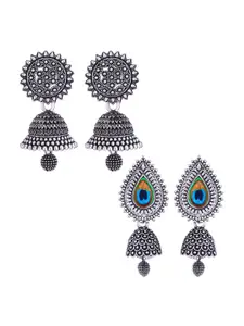 MEENAZ Set Of 2 Silver Plated Dome Shaped Stainless Steel Oxidised Jhumkas