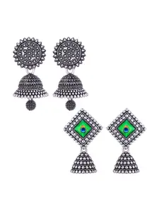 MEENAZ Set Of 2 Stainless Steel Silver Plated Oxidised Dome Shaped Jhumkas