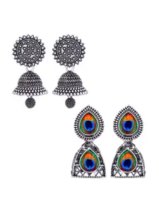 MEENAZ Set Of 2 Silver-Plated Stainless Steel Oxidised Contemporary Jhumkas