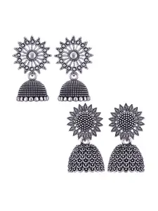 MEENAZ Set Of 2 Silver-Plated Stainless Steel Oxidised Contemporary Jhumkas