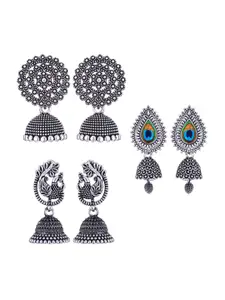 MEENAZ Set Of 3 Silver-Plated Oxidised Jhumkas