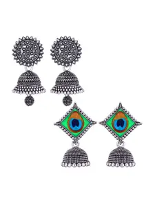 MEENAZ Set Of 2 Silver-Plated Oxidised Jhumkas