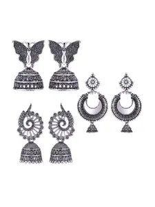 MEENAZ Set Of 3 Silver Plated Dome Shaped Jhumkas