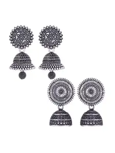 MEENAZ Set Of 2 Silver Plated Dome Shaped Jhumkas