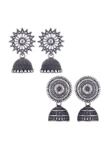 MEENAZ Set Of 2 Silver Plated Dome Shaped Jhumkas