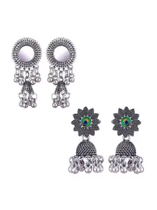 MEENAZ Set Of 2 Silver-Plated Dome Shaped Jhumkas